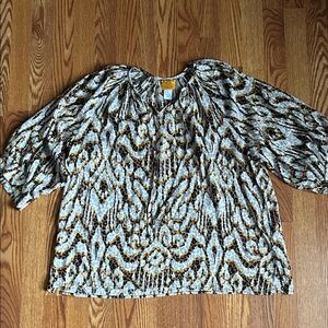 Ruby Rd. Women's Blouse Black, Brown, White Pattern, Gold Accent Strips Size 1X